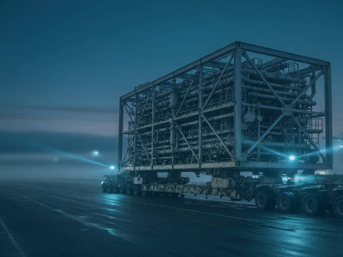 Módulo industrial de gran tonelaje transportado sobre remolque hidráulico multieje en una vía portuaria.