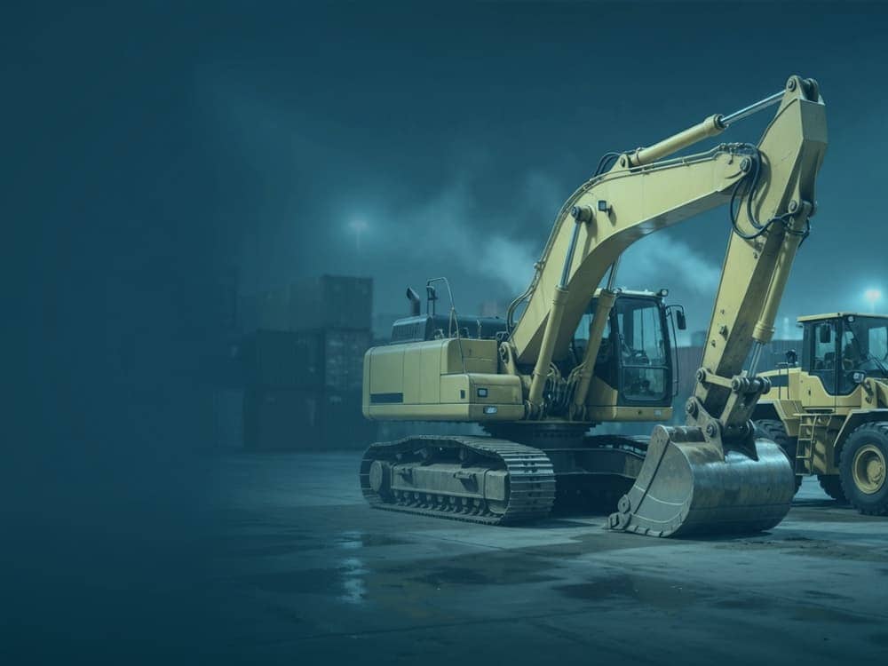 Excavadora hidráulica y cargadora frontal en un patio portuario nocturno, listas para su estiba y embarque.